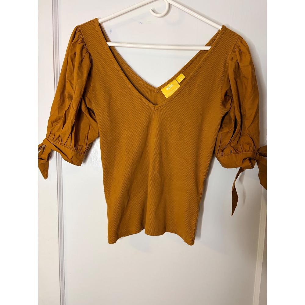 Maeve Anthropologie Mustard Yellow Ribbed Puff Sleeve Tie Cuff V-Neck Top Small
